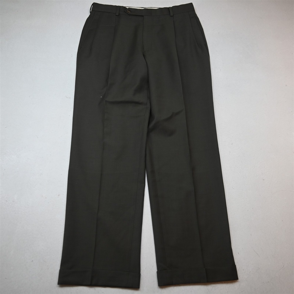 Vtg Y2K 2000s 32x30 Olive Green 100% Wool Pleated Cuffed Dress Mens Pants